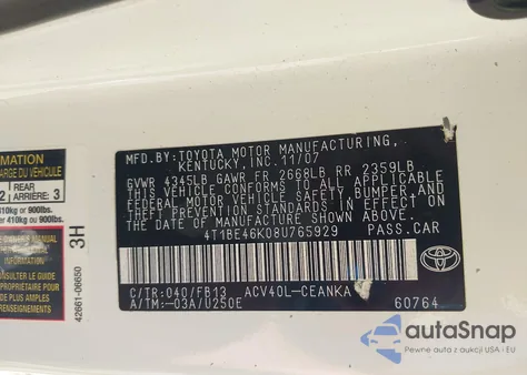 2008 Toyota Camry Le z USA, uszkodzony, nr VIN 4T1BE46K08U765929